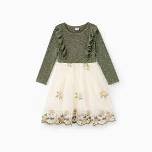 Girl Green Long Sleeves Ribbed Floral Embroidered Tulle Dress